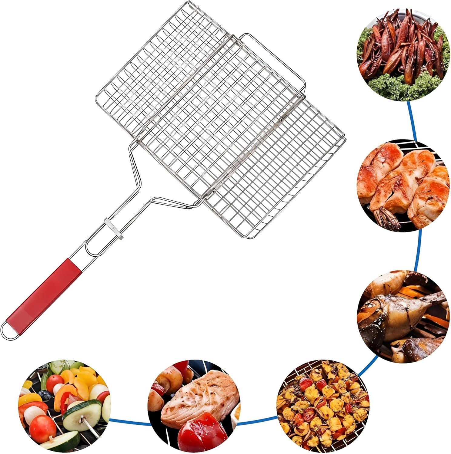 Stainless Steel Fish Grill Net Basket with Wooden Handle for Roast Fish Vegetable Shrimp Seafood (big Size)(35x25x50 rectangular)