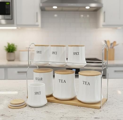 Modern 7-Piece Ceramic Spice & Canister Set with Two-Tier Bamboo-Base Organizer