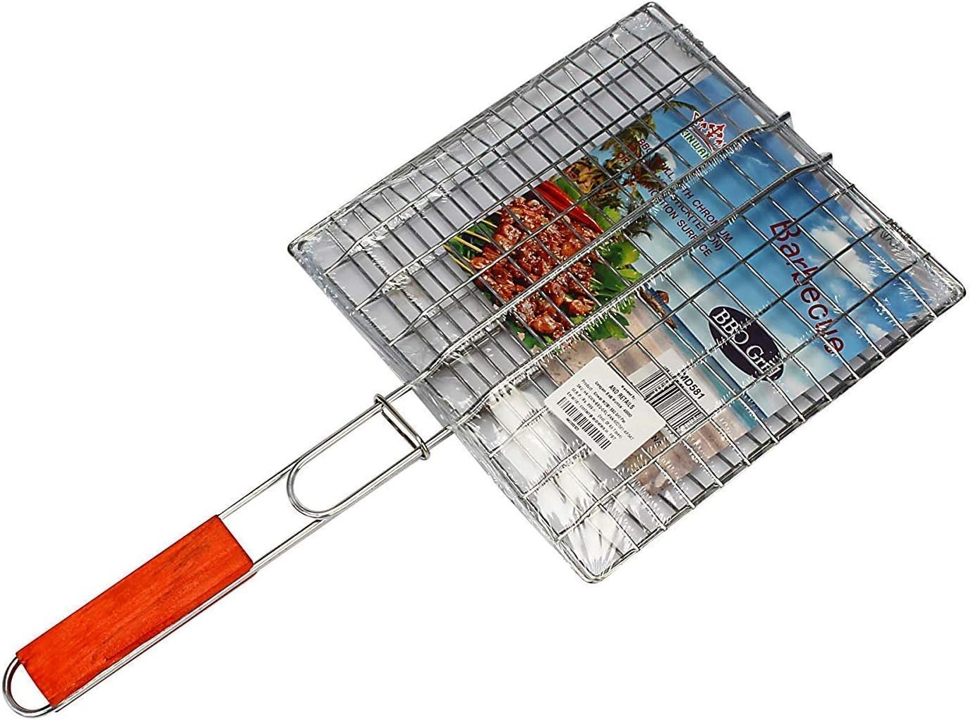 Stainless Steel Fish Grill Net network with Wooden Handle for Roast Fish Vegetable Shrimp Seafood (Small Size)(20x20xsquare)