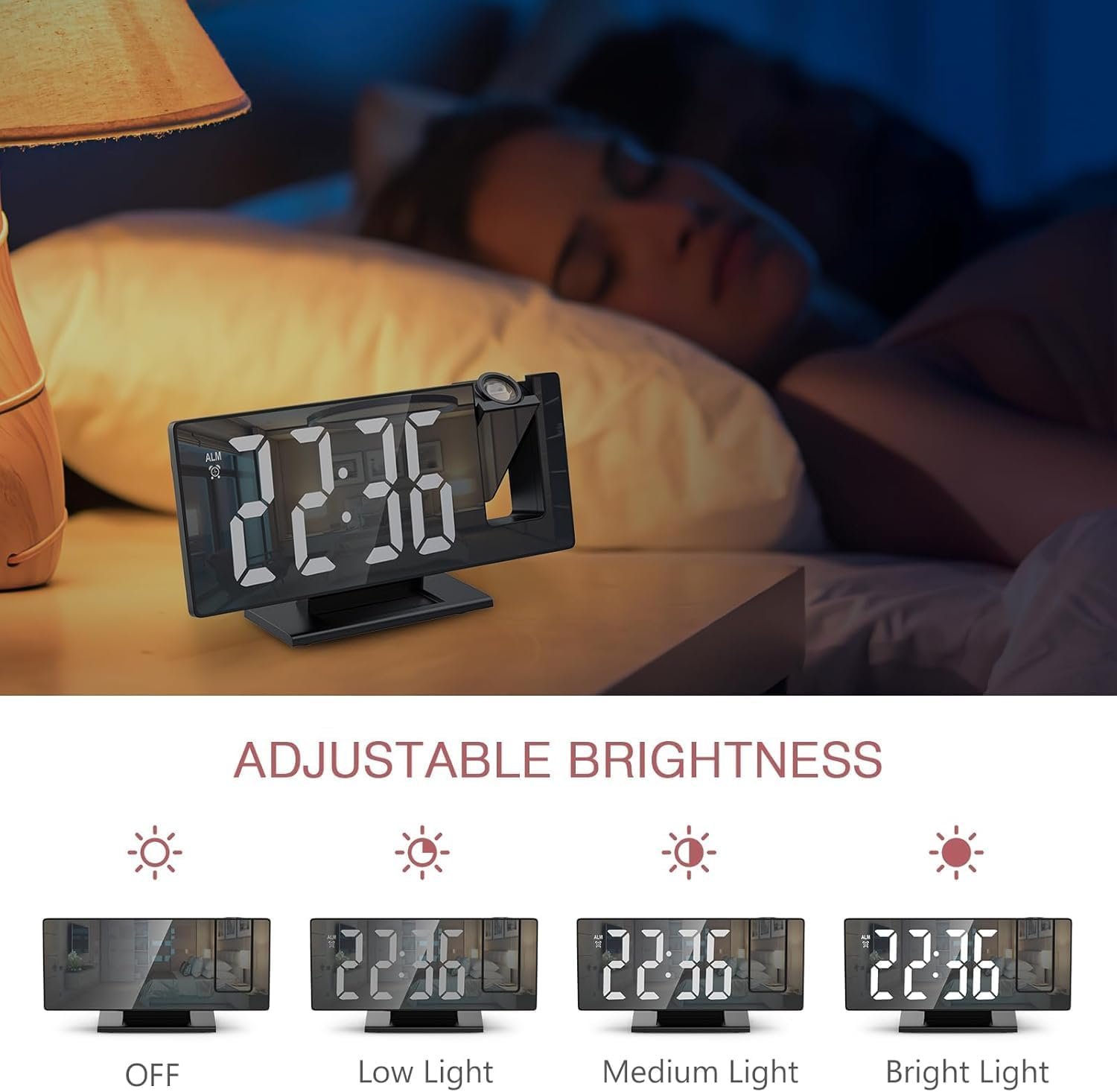 Alarm Clock, Newest LED Electronic Alarm Clock, Mirror Alarm Clock for Bedroom, Digital Projection Clock on Ceiling Wall with Large Display, Temperature, Adjustable Brightness