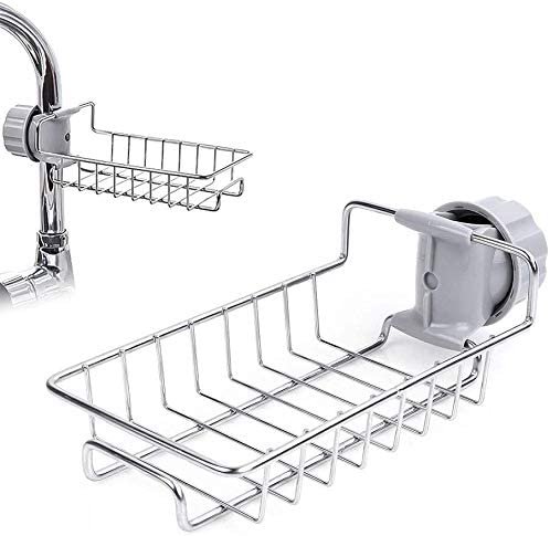 Kitchen Faucet Sponge Holder Stainless Steel Sink Caddy Organizer Drain Rack for Kitchen Accessories Dishwashing Liquid Drainer Rack Bottle Brush Storage Silver