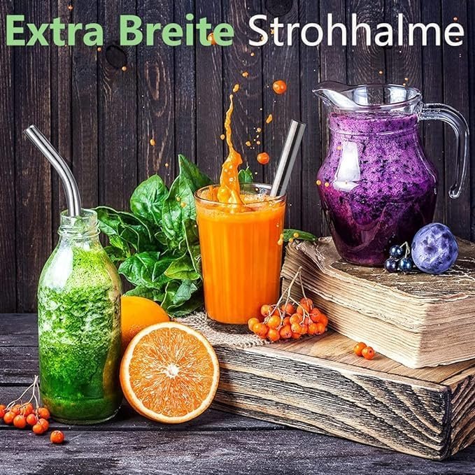 Set of 2 stainless steel silver straws (1 straight + 1 bend + 1 cleaning brush)