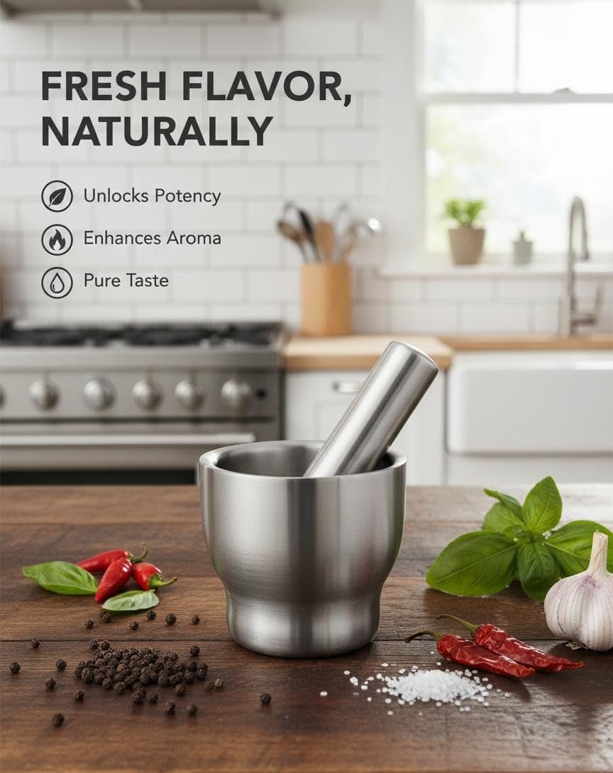 ​Premium Stainless Steel Mortar and Pestle Set - Heavy Duty Manual Spice Grinder & Garlic Crusher - Rustproof, Easy to Clean, and Durable Herb Masher for Kitchen & Pharmacy