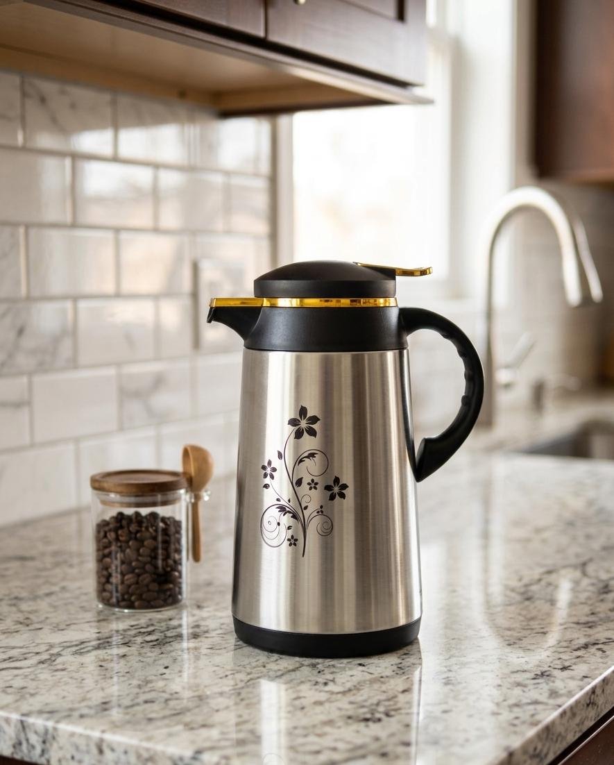 1 Litre Thermal Coffee & Tea Carafe with Glass Liner – Vacuum Insulated Stainless Steel Thermos Jug for Hot & Cold Drinks – Leak-Proof Push Lever Lid & Ergonomic Handle