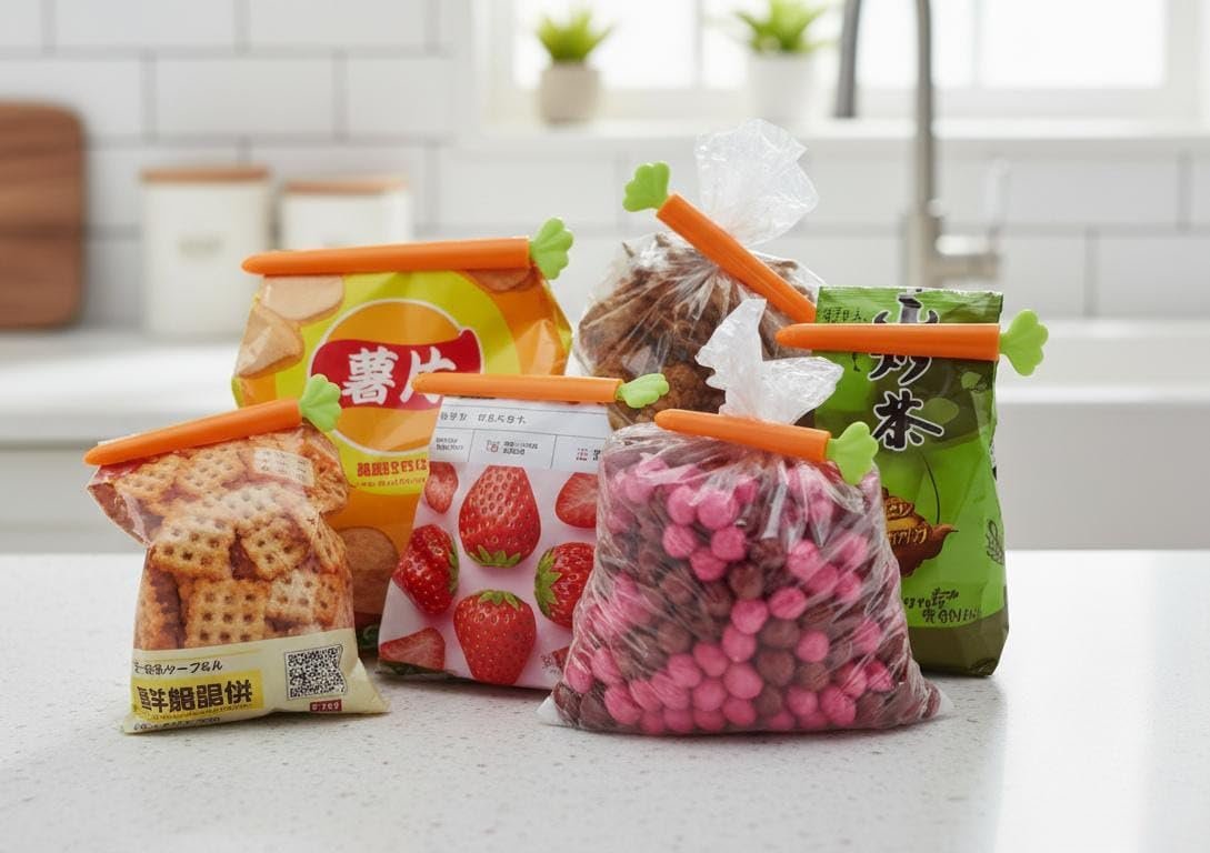 6-Piece Carrot Family Reusable Food Bag Sealing Clamps – Airtight Freshness Seals in Three Sizes.