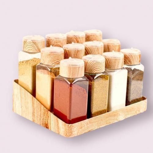 Plastic Jars Set 12 Pieces Transparent Design In Wooden Colors
