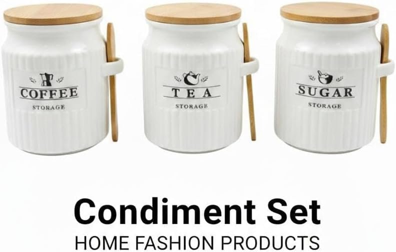 ​Premium 3-Piece Ceramic Kitchen Canister Set – Tea, Coffee, & Sugar Storage Jars with Airtight Bamboo Lids and Integrated Wooden Spoons