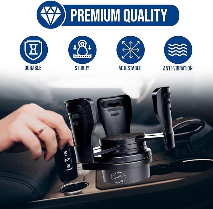 Adjustable car cup holder with multi-use organizer for drinks and food