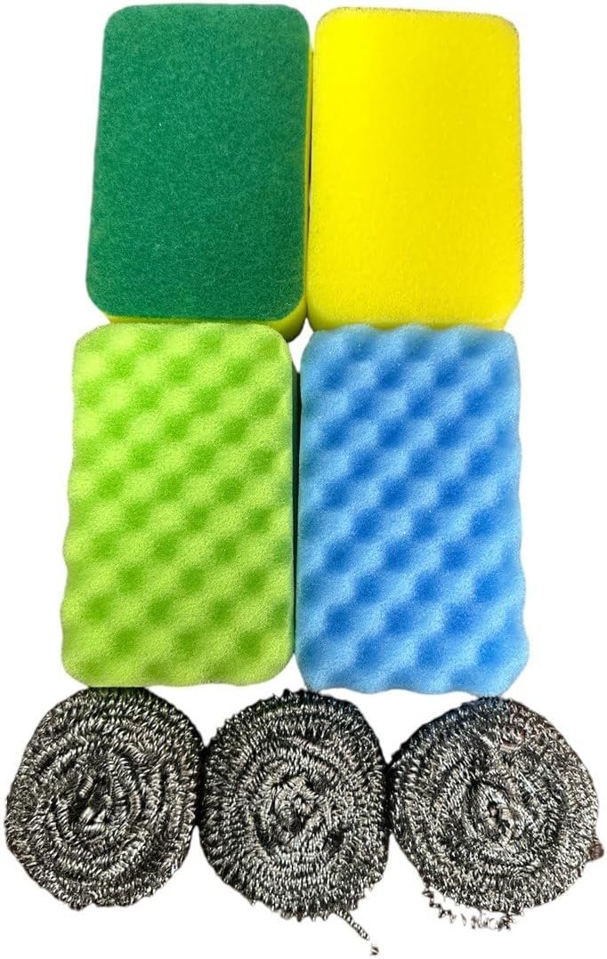 Set of 3 Pieces Ball Stainless Steel Wool, and 2 Pieces Cleaning Sponge