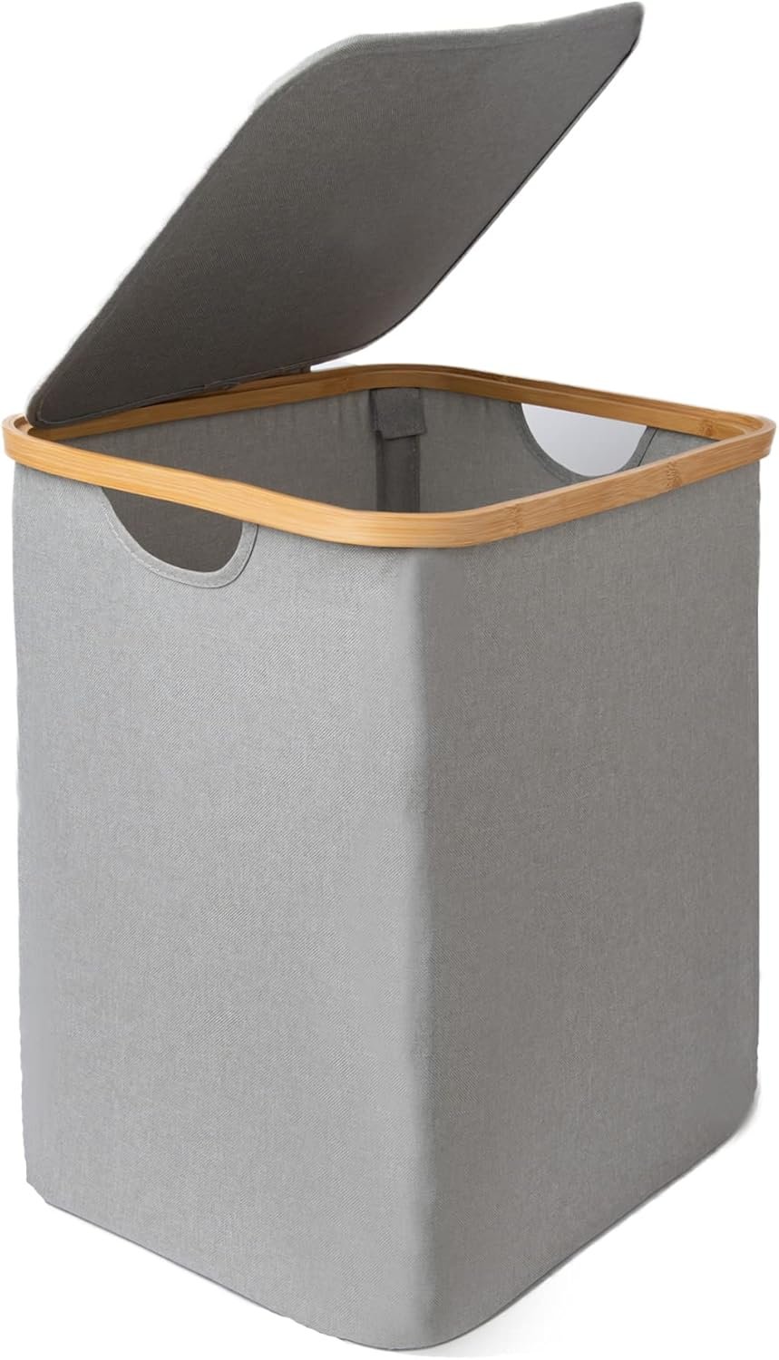 Laundry Basket with Lid, 60L Bamboo Laundry Basket with Carry Handles, Grey Folding Storage Basket