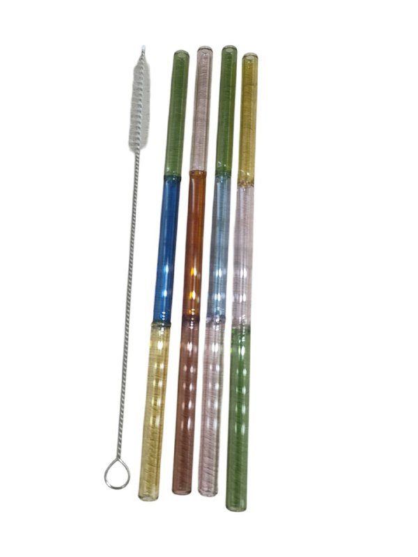 Glass Colorful Straw Set 4 Pieces - 4 x Straws, 1 x Brush, Healthy and Eco-friendly, Suitable for Everyday Drinking, Breadfast, Juice