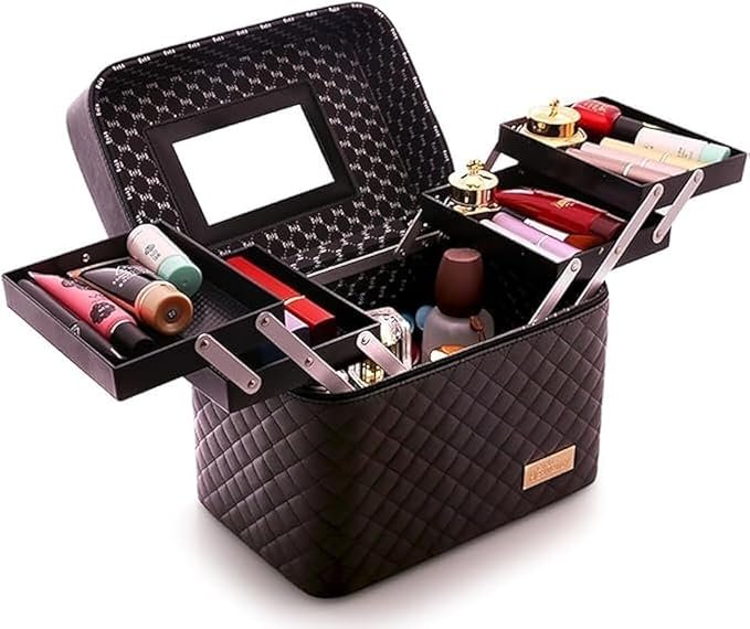 Multifunctional Travel Cosmetic Bag with Mirror, Foldable Tray 4 Open Side Drawers, Black Makeup Organizer Bag