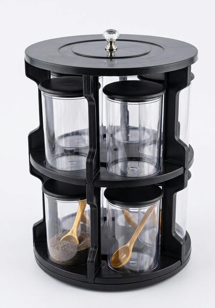 ​360° Rotating Spice Rack Organizer with 10Durable Acrylic Jars - Double-Layer Space-Saving Design.