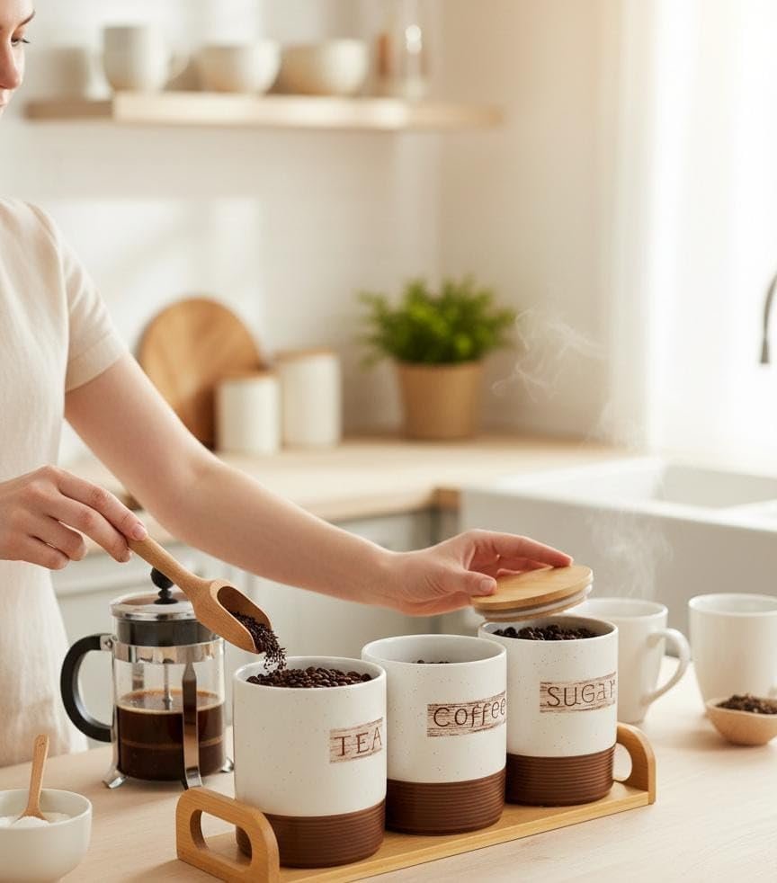 ​Premium 3-Piece Ceramic Kitchen Canister Set with Bamboo Tray – Airtight Tea, Coffee, and Sugar Storage Containers with Wooden Lids