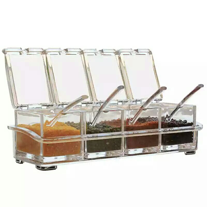 1 Set Clear Seasoning Box Set 4pcs Clear Seasoning Storage Container With  Spoon Clear Seasoning Rack Spice Pots For Pepper Spice Salt Sugar Storage