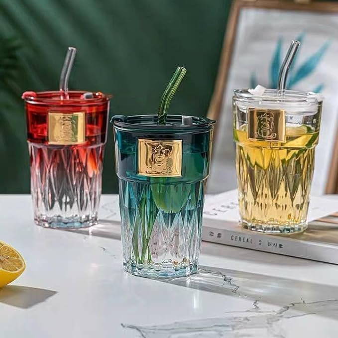 Water Glass Iced Coffee Cups with Straw and Airtight Lid