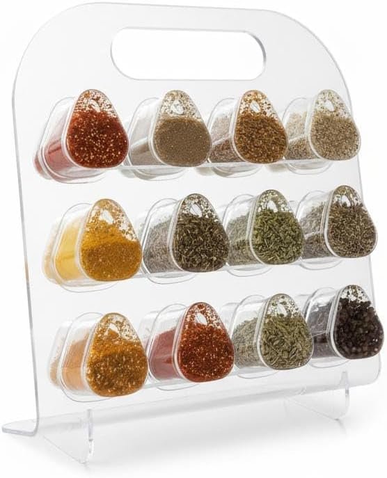 Modern Clear Acrylic Portable Spice Rack Organizer with 12 Triangular Pods.