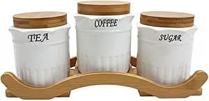 3-Piece Ceramic Tea Coffee Sugar Canister Set with Arched Bamboo Display Tray