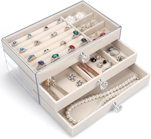 Acrylic Jewelry Organizer Makeup Cosmetic Storage Organizer box Clear Jewelry Case with 3 Drawers Adjustable Jewelry Box
