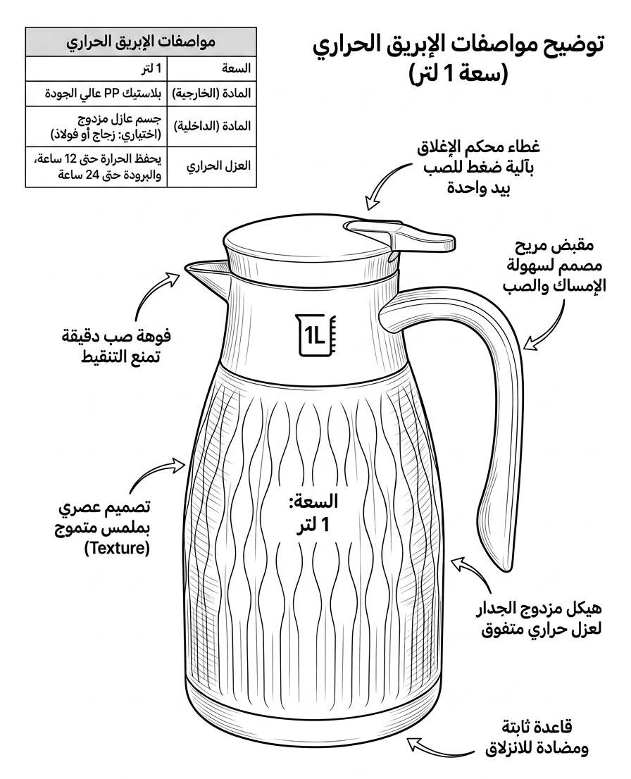 1L Thermal Coffee Carafe with Glass Inner Liner & Vacuum Insulated Pitcher - Double Wall Thermal Flask for Hot & Cold Beverages, Modern Wave Design with Push-Button Lid
