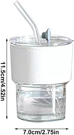Glass Tumbler Mug with Lid, Silicon Straw and Protective Anti-Skid Leather Sleeve for Hot and Cold Beverages Tea Coffee Smoothies Fruit Juice Travel Mug