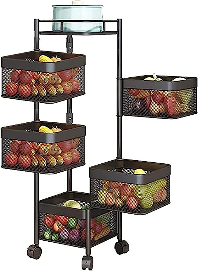 Rotatable Baskets 5-Tier Shelf, Square Fruit and Vegetable Storage Racks with Wheel for Kitchen