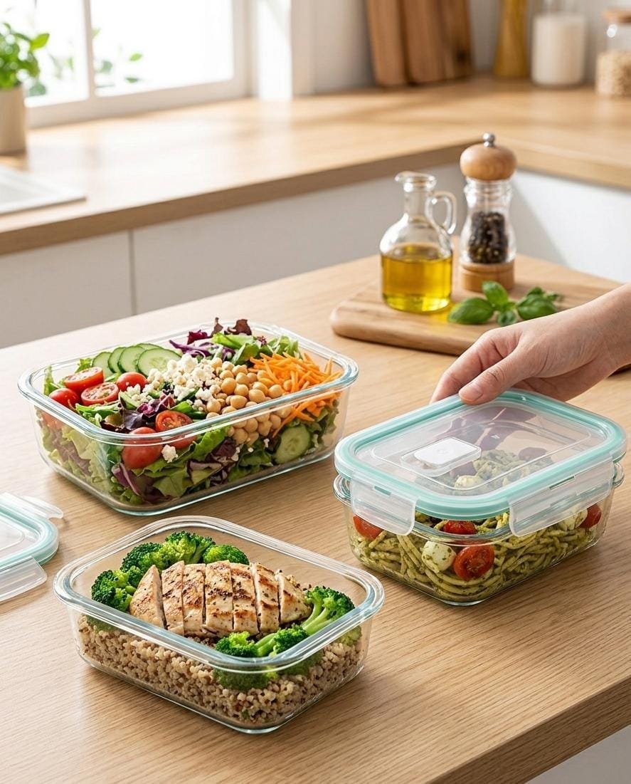 ​Borosilicate Glass Food Storage Containers Set with Airtight Leak-Proof Lids - 3 Pieces Set (Small, Medium, Large), BPA-Free, Microwave & Dishwasher Safe (Elongated)