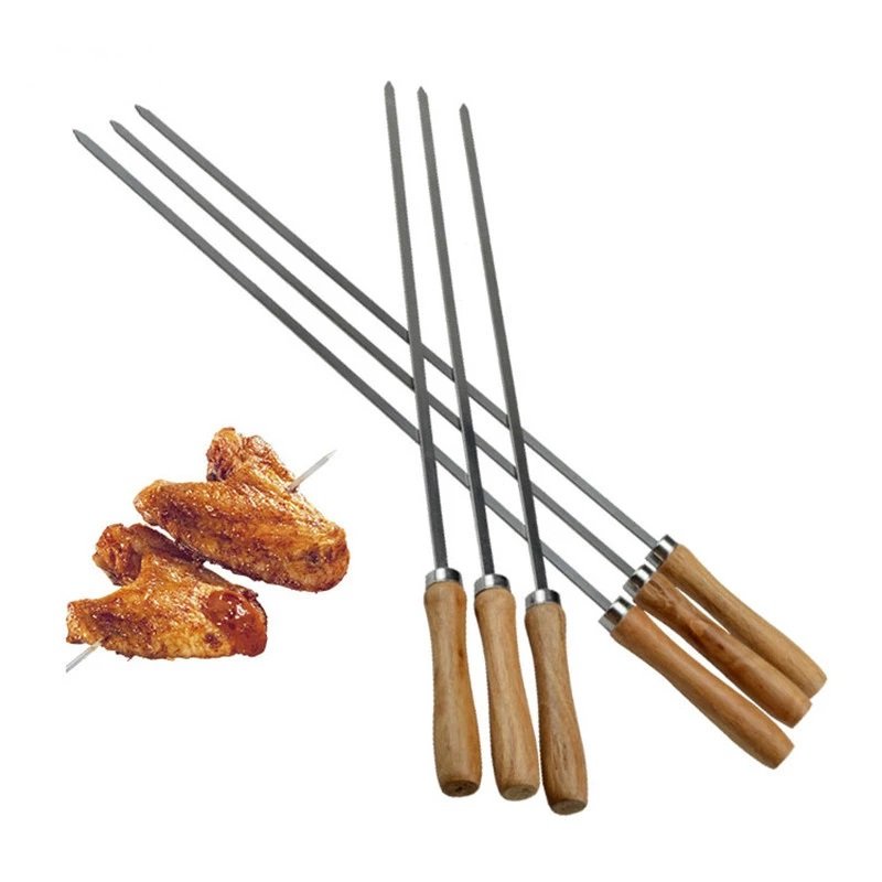 Grill Skewers with Wood Handle, 10 Pack Stainless Steel Flat Grilling Kabob Sticks, Reusable BBQ Barbecue Skewers Set for Meat Shrimp Chicken Beef Vegetable