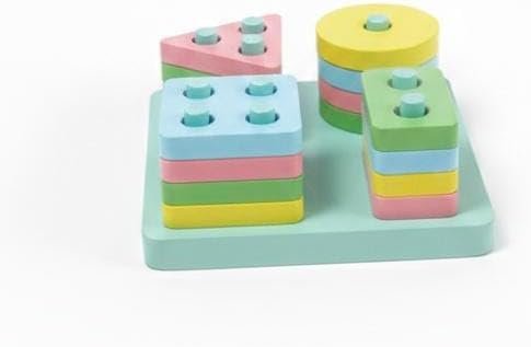 Montessori-Inspired Pastel Wooden Shape Sorter and Stacking Puzzle for Toddlers.