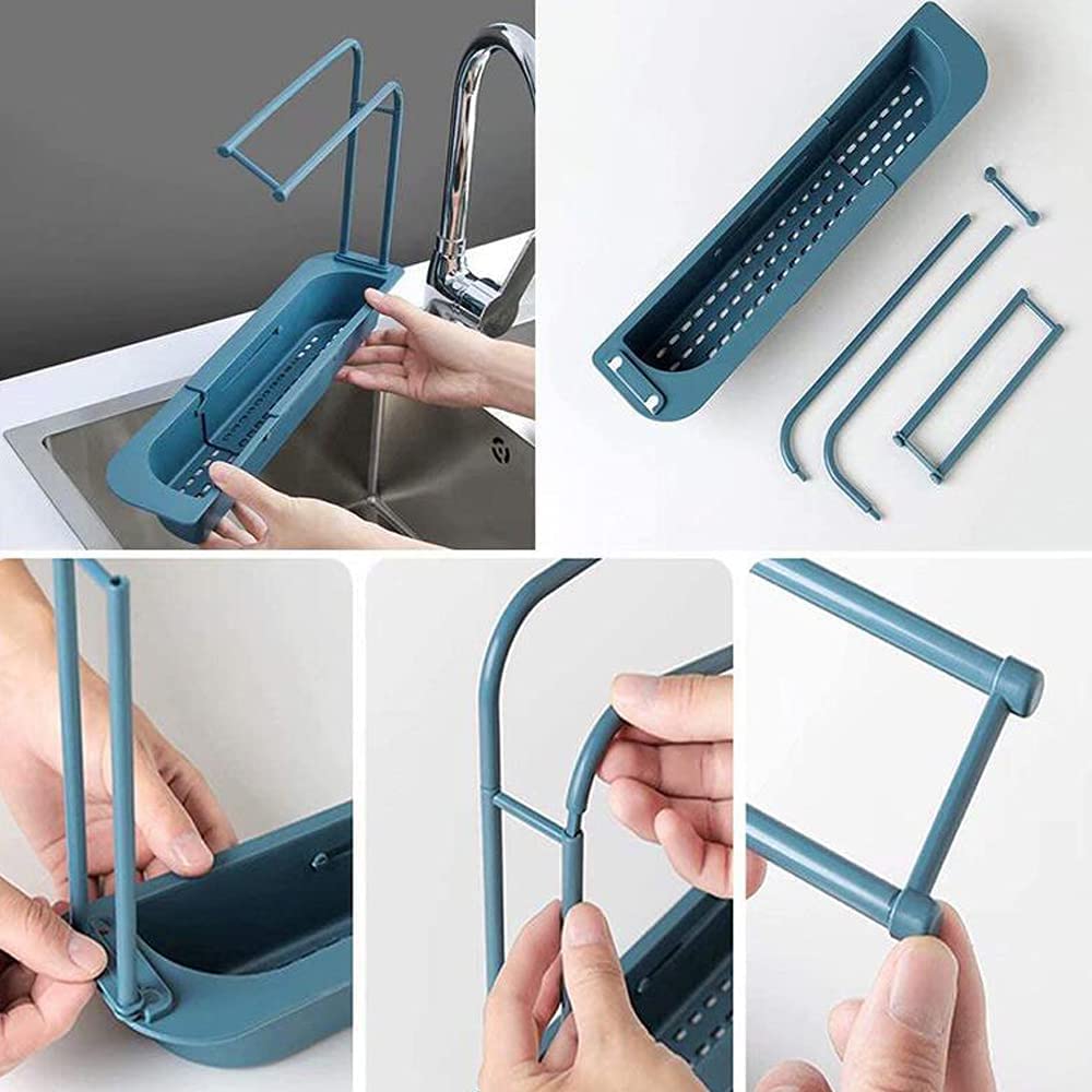 2 Pack Telescopic Sink Storage Rack,Adjustable Sink Organizer,Sink Basket, Sink Drain Rack,Sponge Brush Holder with Dishcloth Hanger Expandable Storage  Drain Basket for Home Kitchen (blue) 