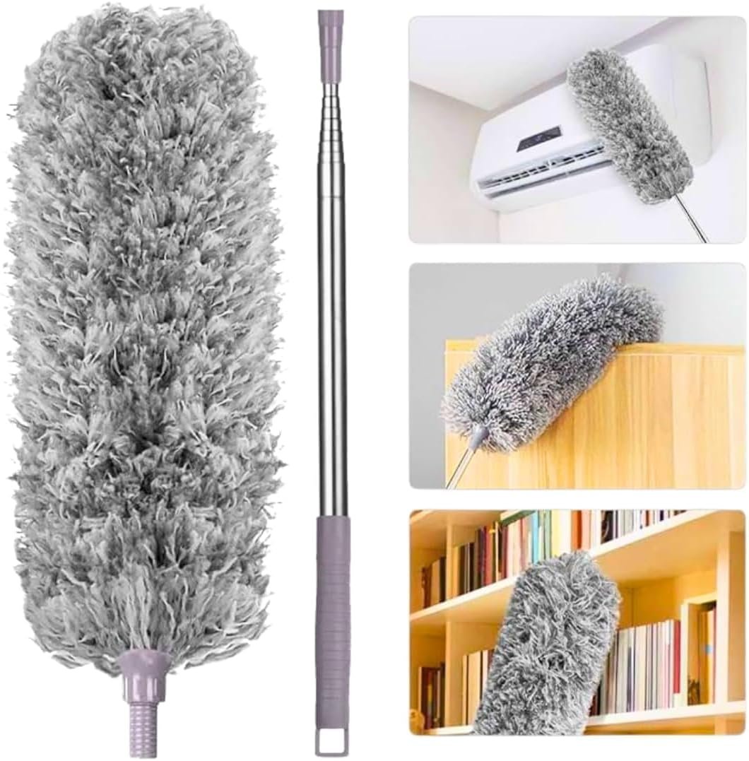 Microfiber Duster with  Extra Long Stainless Steel Handle, Extendable Duster with Bendable Head for Cleaning High Ceiling Fans, Indoor Ceiling, Cobwebs, Gap Dust, Wet or Dry Use
