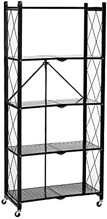 5-Layer Foldable Metal Storage Rack 4-Wheel Garage Bakery Closet Wire Rack Foldable Storage Rack Can Hold 200 Kg Powder-Coated Steel Heavy-Duty Rack Storage Unit On Casters