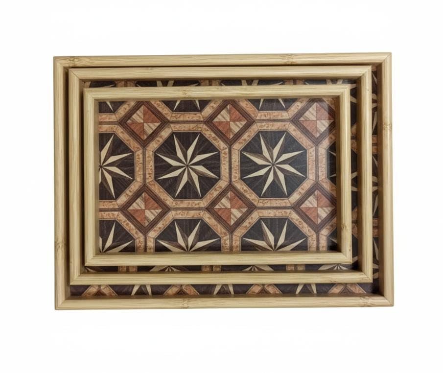 Set of 3 Rectangular Decorative Trays with Starburst Pattern Versatile Home Decor Serving Set