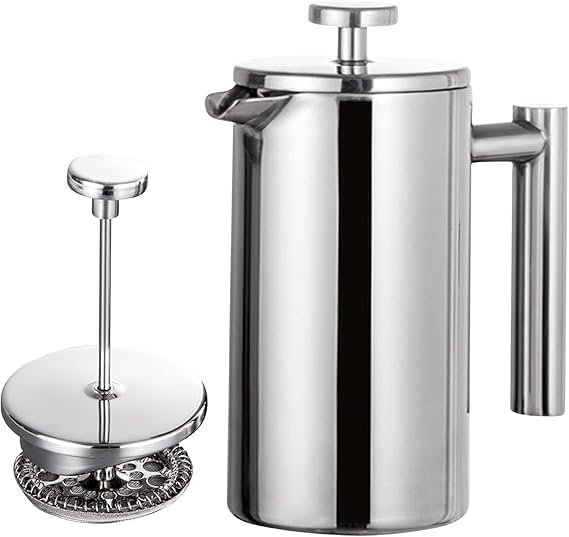 French Press Coffee Maker Double Insulated 305ml Stainless Steel Coffee Maker with 3 Level Filtration System Rust-Free, Dishwasher 3cup