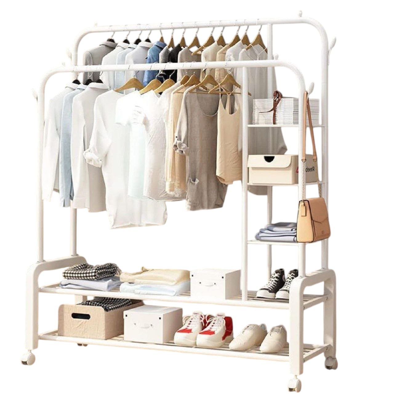 Metal Double Rod Clothing Rack for Space Saving, Garment with Bottom 2 Shelf and Side 4 Shelves, Portable Closets for Hanging Clothes, 4 Hooks