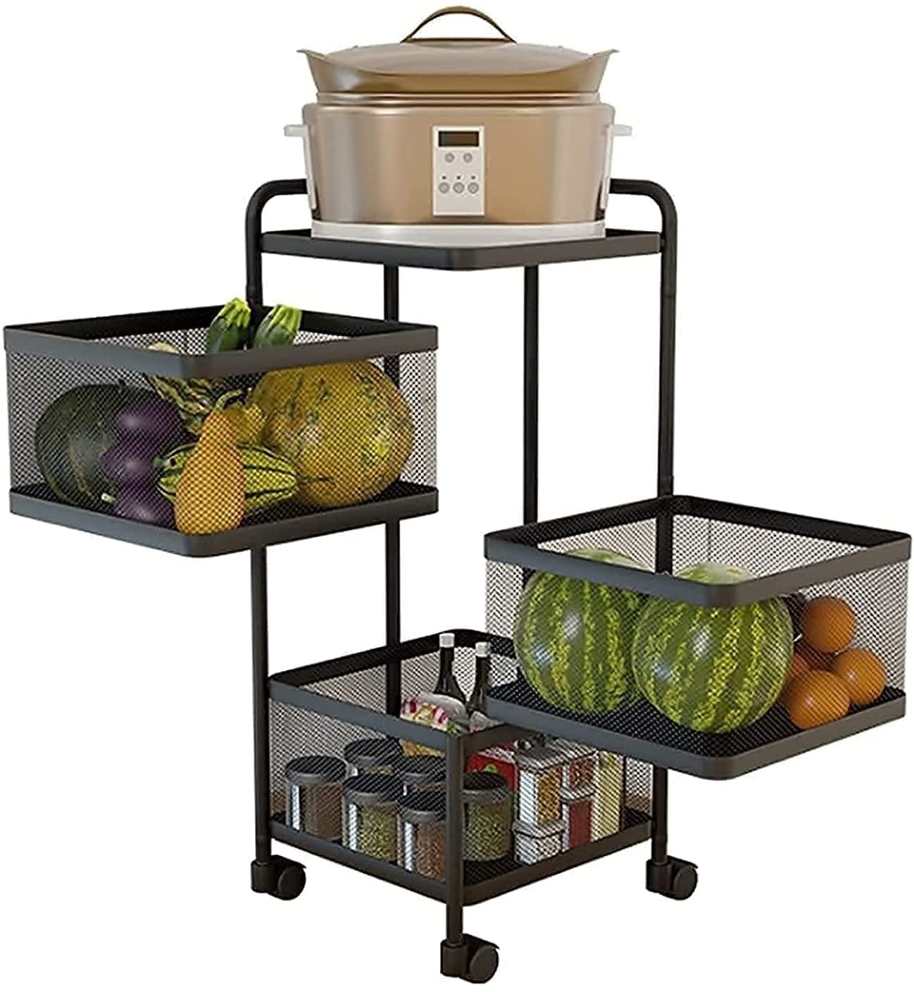 Rotating Storage Rack for Fruits and Vegetables Basket Rotating Rack on Wheels Black Square Home Kitchen Living Shelves with Snack Rack Fruits and Vegetables Rotating Vertical Storage Rack - 3 Tiers