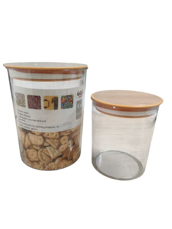 Acrylic Storage Containers with Lids - Set of 2 Canisters - Airtight Acrylic Jars Wooden Lid for Sugar, Flour, Candy, Cookies, Rice, Pasta, Spices
