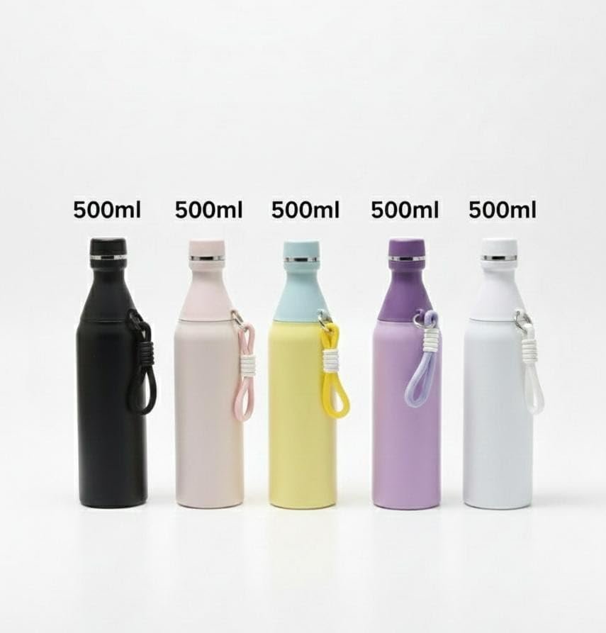 ​500ml Insulated Stainless Steel Water Bottle - Portable and Stylish Thermal Flask with Carry Strap - Keeps Drinks Cold/Hot - Perfect for Gym, Travel, and Office.