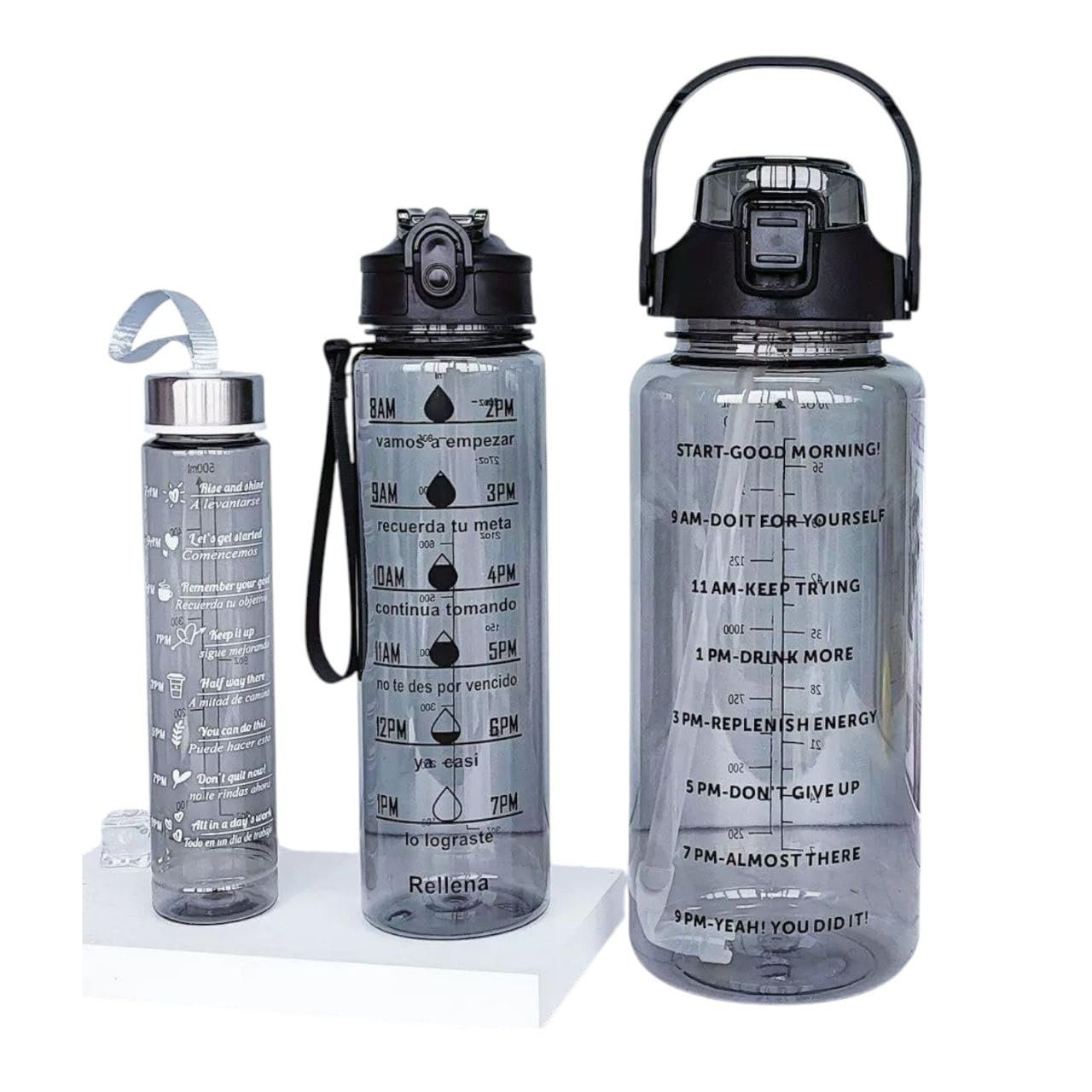 Set of 3 clear plastic water bottles, 2000ml, 900ml, and 300ml, with motivational timer. Durable, leak-proof water bottles, suitable for the office, school, and gym.