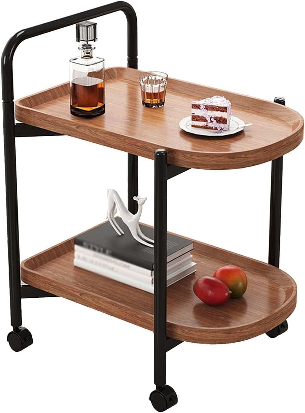 Modern Movable Side Table with Snack Side Table with 2-Tier Storage Shelves and 4 Wheels for Sofa, Bedroom, Living Room, Office