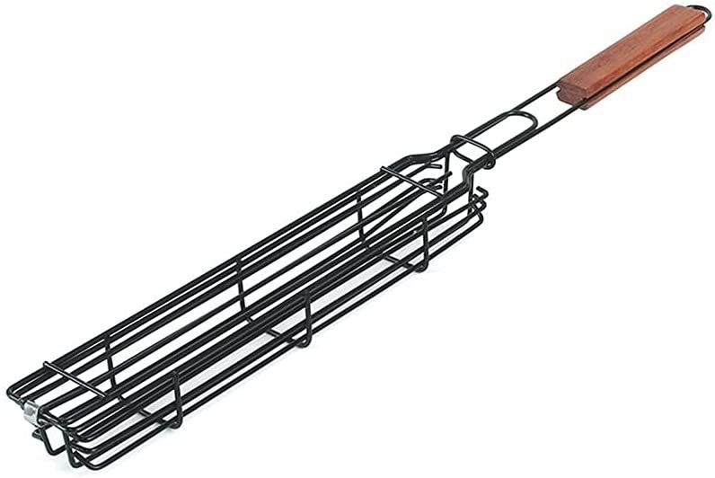 Wooden Handle Holder Non Stick Stainless Steel BBQ Barbecue Grilling Basket with Lockable Grid Outdoor Grilling(1pcs)