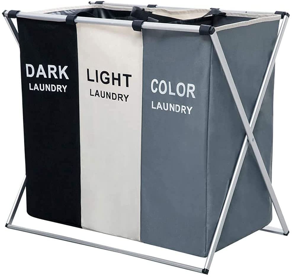 Laundry Basket of 3 Sections for Dark, Light and Colorful, Foldable Laundry with Waterproof Oxford Cloth Bag and Aluminum Frame, for Home Laundry Storage