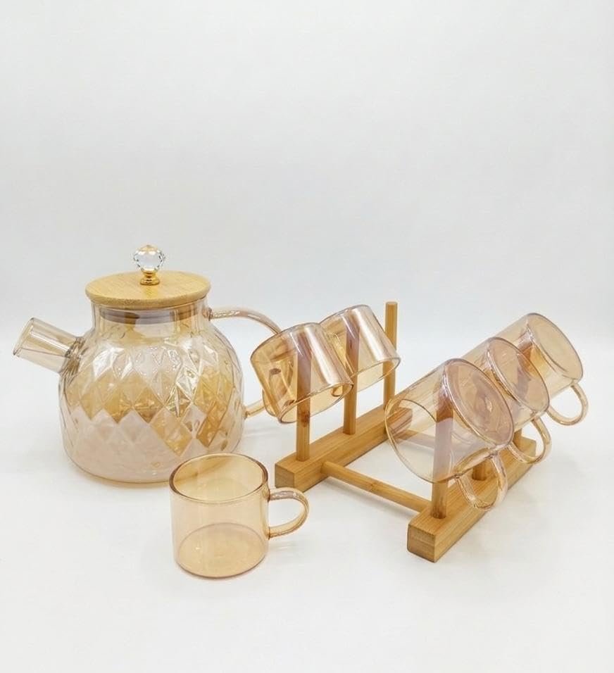 ​Luxury Amber Glass Teapot Set with 6 Clear Cups & Bamboo Stand (1, Liters)