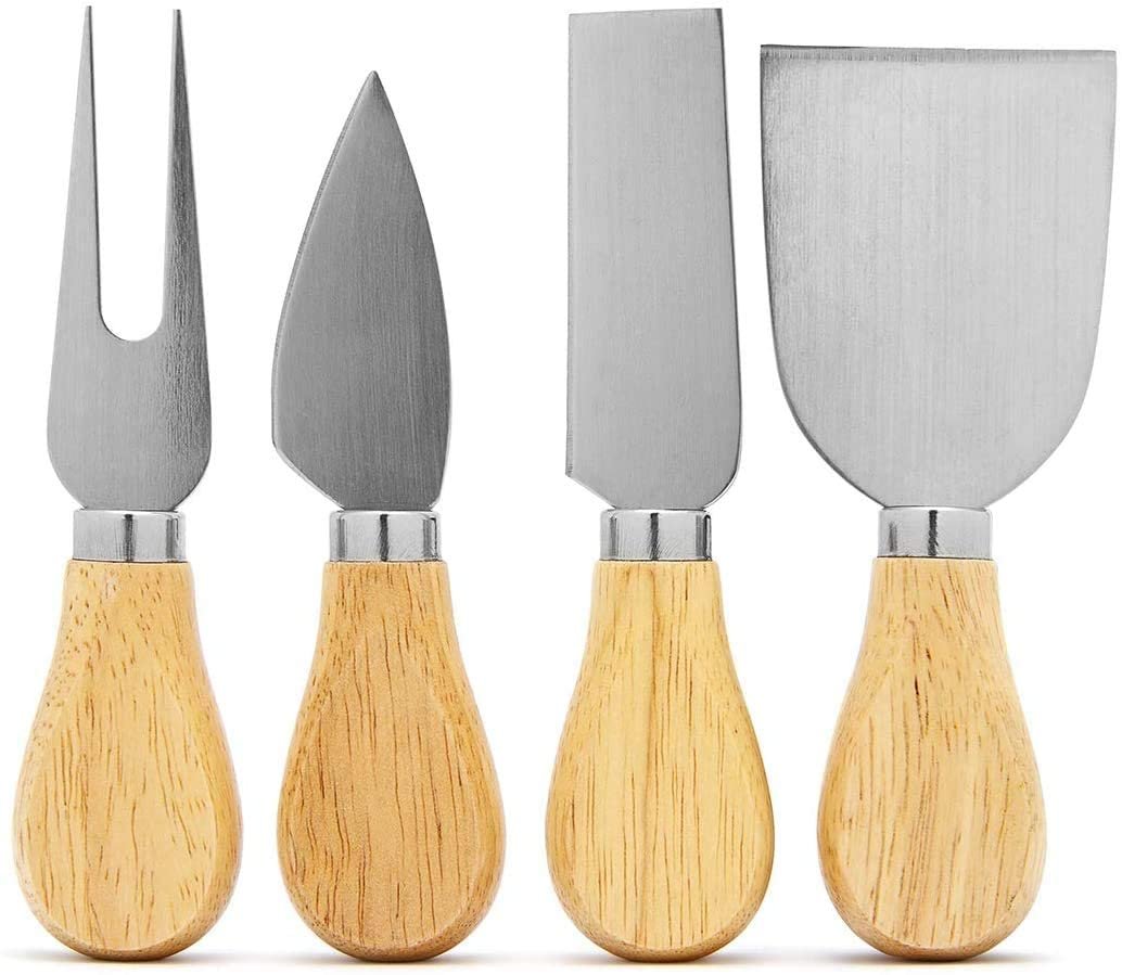 4 Piece Cheese Knife Set with Bamboo Wood Handle. Wooden and Stainless Steel Knives and Fork for Cutting Cheeses