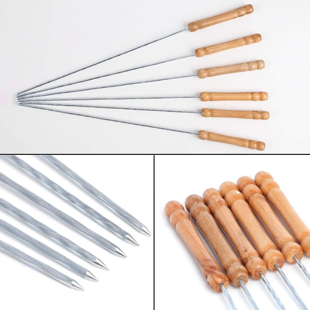 Barbecue Skewers for Wooden Handle Gilling Stainless Steel Kabob Skewers for Grilling 6pcs Barbecue Sticks BBQ Stainless Steel Barbecue Skewer