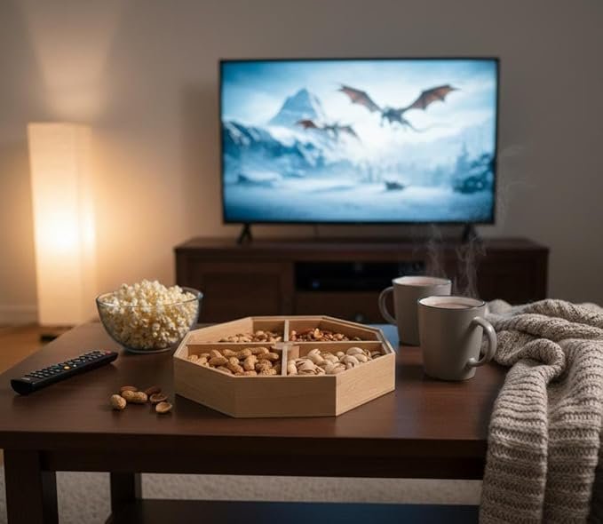 360° Rotating Octagonal Bamboo Snack Box with Crystal-Top Textured Acrylic Lid.