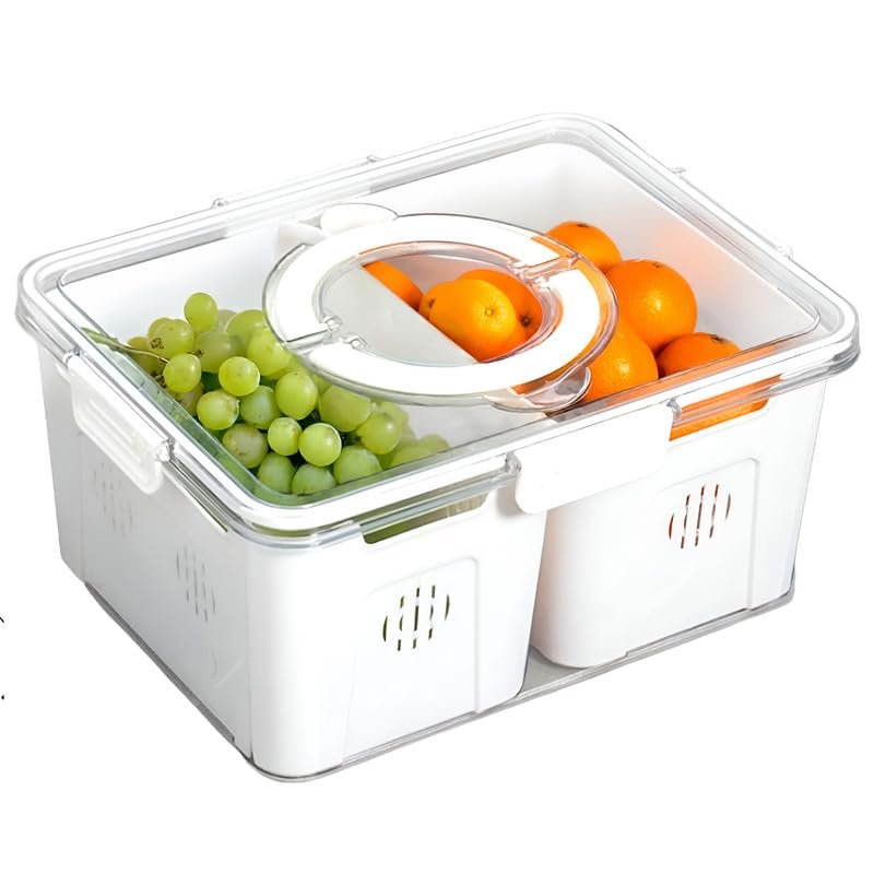Food Storage Container for Fridge, Portable White Plastic BPA-free Box, Divided Serving Tray with Lids and Handle, Keep Fruits and Vegetables Fresh with 2 Removable Colanders