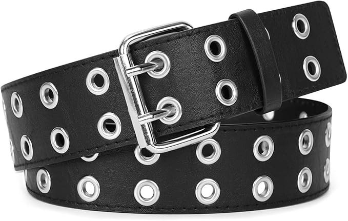 Double Grommet Belt PU Leather Belt for Women/Men Jeans