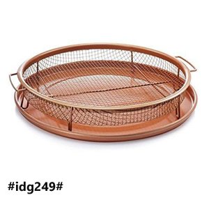 Round Coppery Crispy Tray Set Of 2 Pieces ( Non Stick Basket - Serving Tray ) Perfect For Oven - Copper