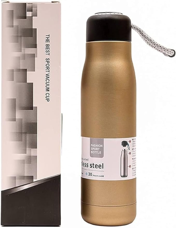 Portable water bottle with stainless steel lid, vacuum insulated, leak-proof and reusable